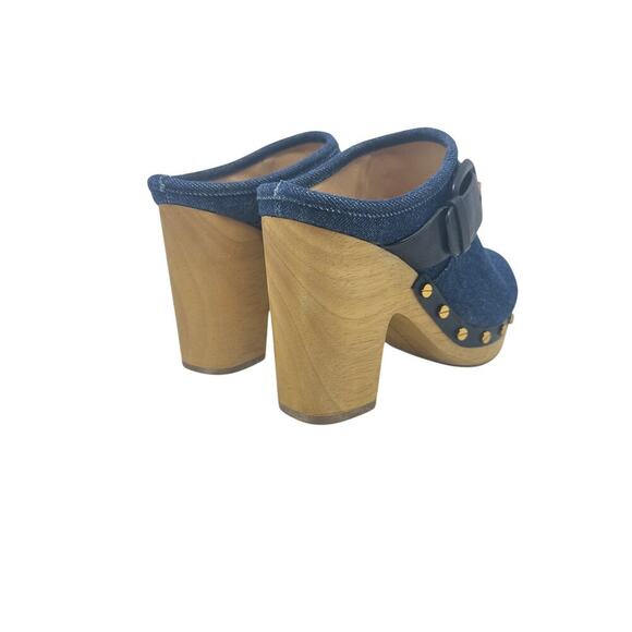 Veronica‎ Beard Dacey Denim Clogs Heels Studded Buckle Wood Blue Size 6 - Picture 8 of 13